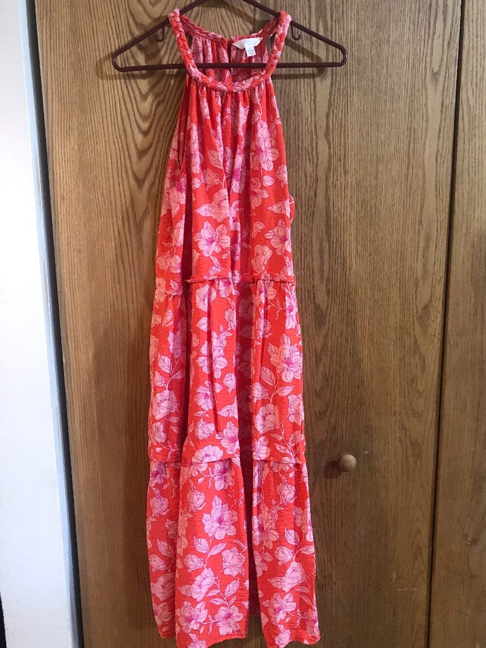 Time and Tru Women's Tiered Maxi Dress Large L Coral Pink Floral Halter Braided